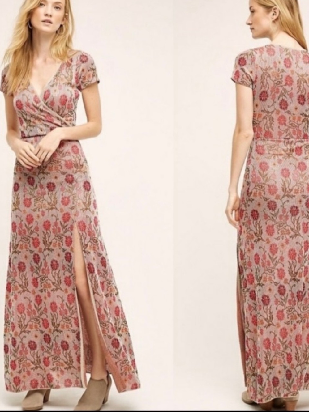 Anthropologie Pink Floral Wrap Maxi Dress